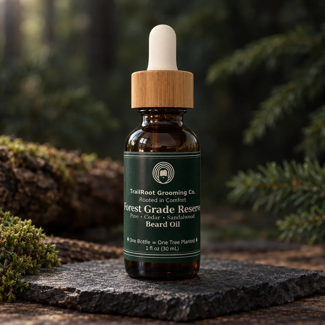 Forest-Grade Reserve beard oil in an amber dropper bottle with a green label, standing on woodland stone.