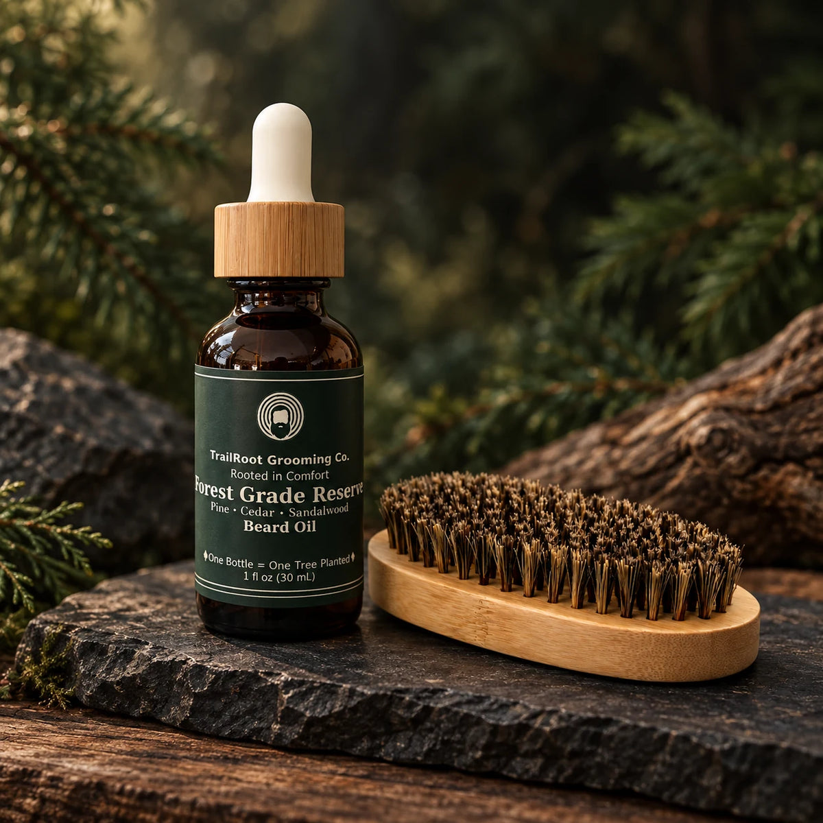 Forest Grade Reserve beard oil paired with the bamboo boar-bristle brush.