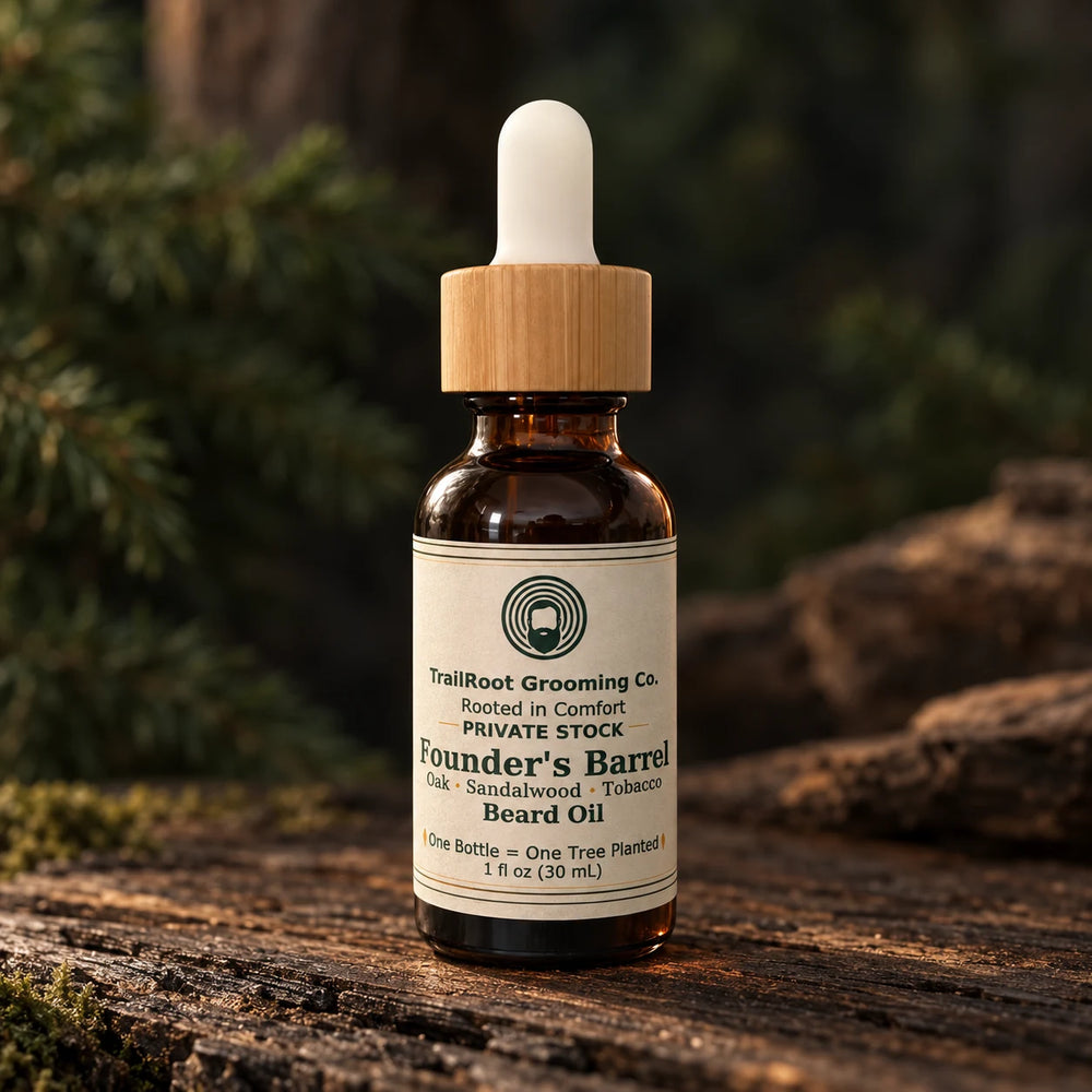 Founder's Barrel Private Stock beard oil with its cream label and amber accents.