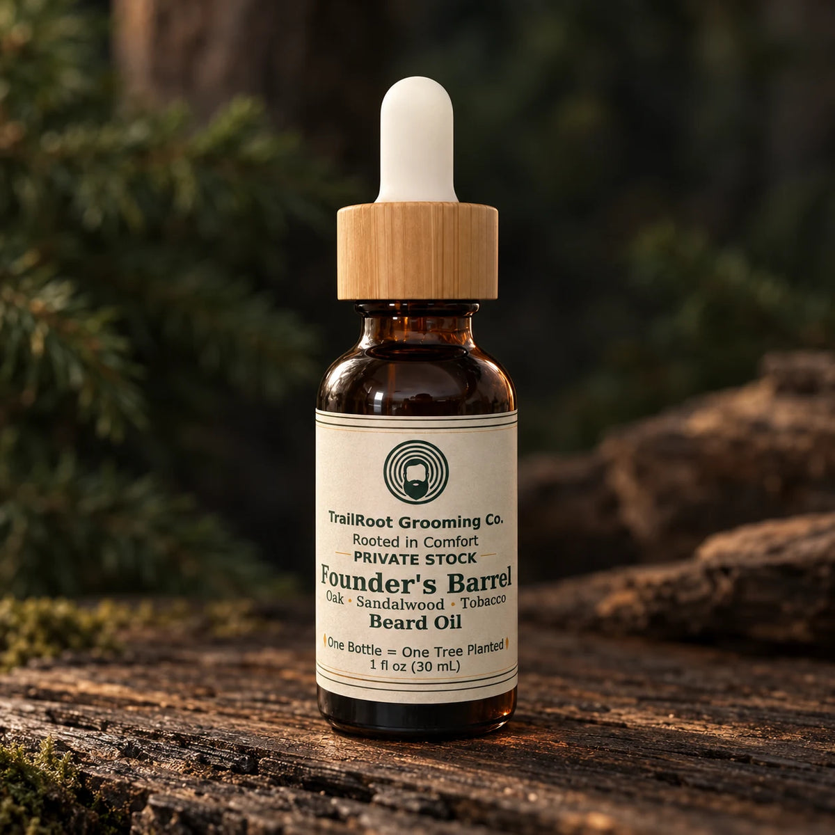 Founder's Barrel Private Stock beard oil with its cream label and amber accents.