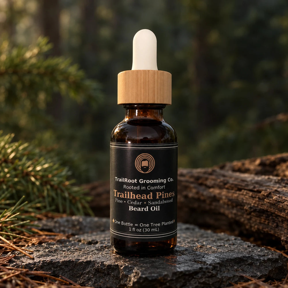 Trailhead Pines beard oil with copper label accents on woodland stone.