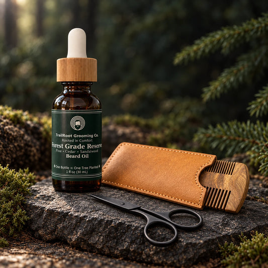 Forest-Grade Reserve beard oil with pocket comb, sleeve and scissors