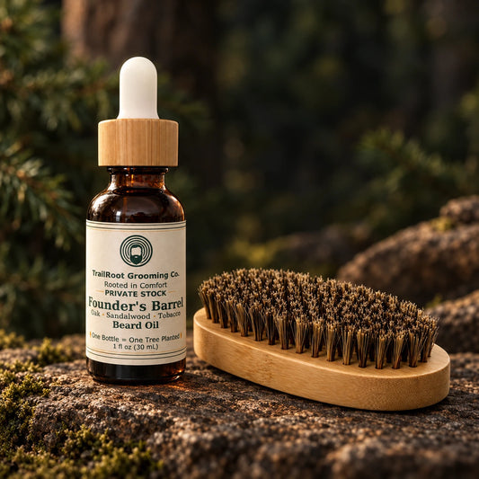 Founder's Barrel beard oil with bamboo boar bristle brush