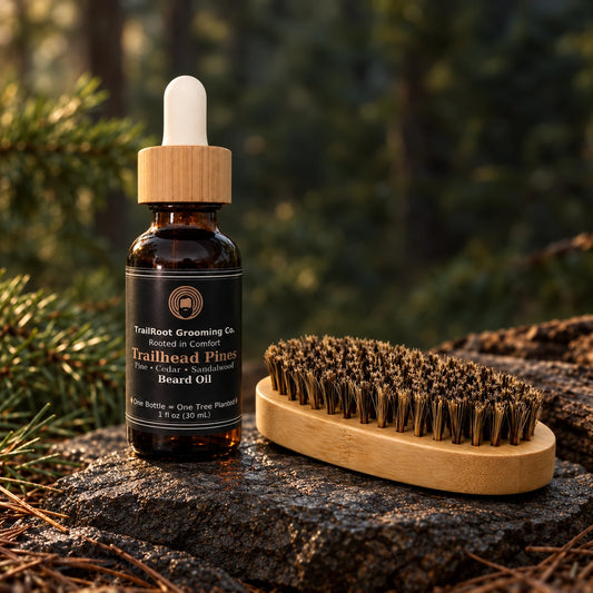 Trailhead Pines beard oil with bamboo boar bristle brush